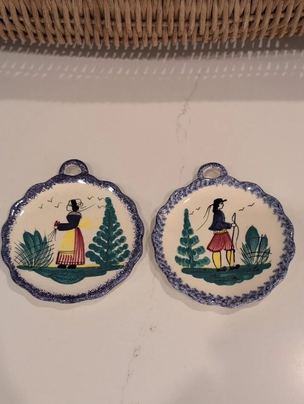 Henriot Quimper Pottery Dish Wall Plaque Breton Woman & Man France Set of 2